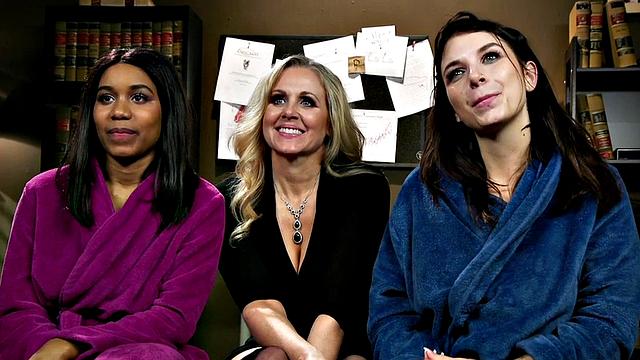 Busty dykes strapon in trio during domination