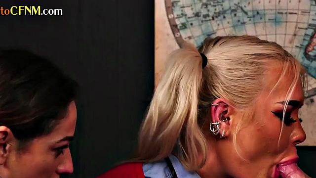 CFNM college femdom babes suck professor in 3some
