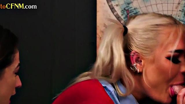 CFNM college femdom babes suck professor in 3some