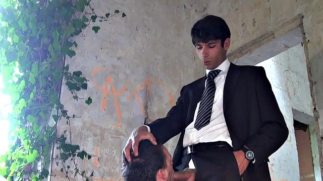 Suited stud fucks bottom in jockstrap after getting sucked