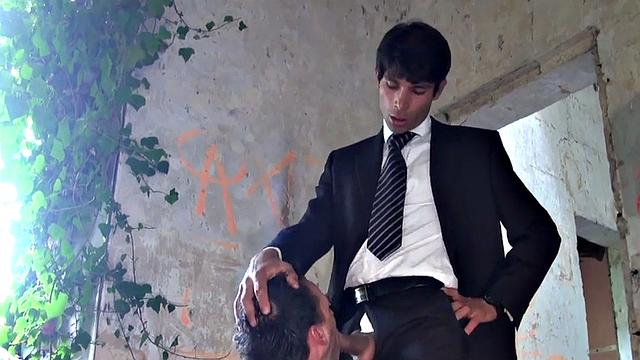 Suited stud fucks bottom in jockstrap after getting sucked