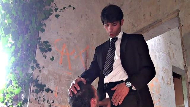 Suited stud fucks bottom in jockstrap after getting sucked