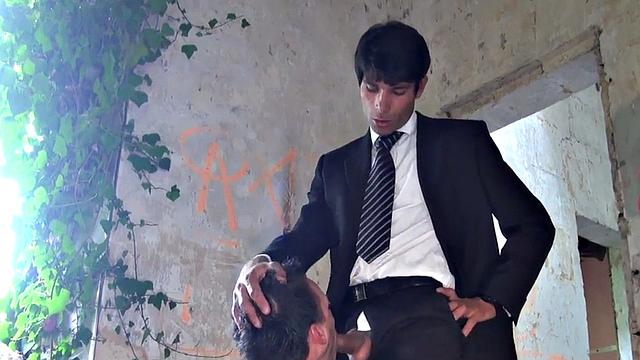 Suited stud fucks bottom in jockstrap after getting sucked