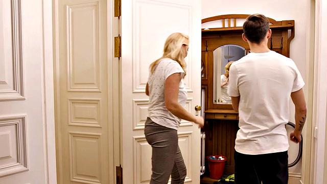 SHAME4K. Boy follows mature blonde to the shower room and fucks her