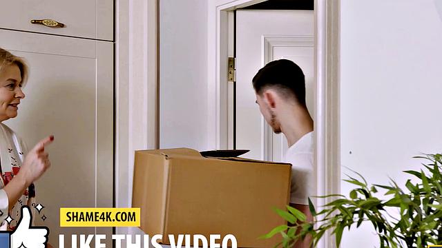 SHAME4K. Boy follows mature blonde to the shower room and fucks her