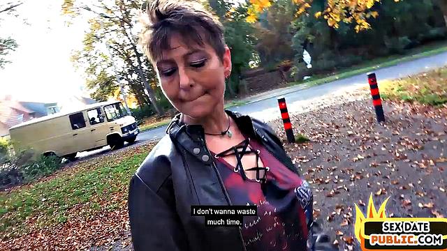 German granny deepthroat and rides in cowgirl in the park