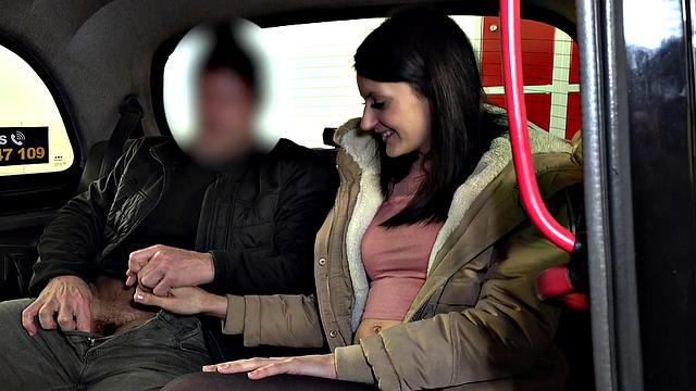 Czech brunette with small tits tries deepthroating and fucking in reverse cowgirl on taxi ride