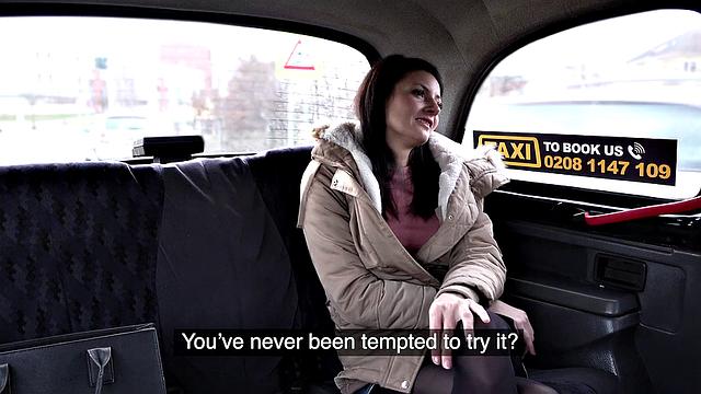 Czech brunette with small tits tries deepthroating and fucking in reverse cowgirl on taxi ride