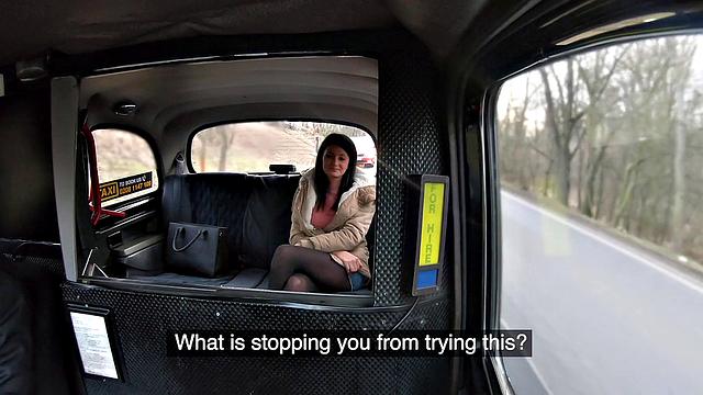 Czech brunette with small tits tries deepthroating and fucking in reverse cowgirl on taxi ride