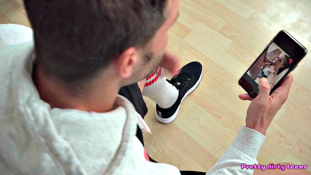 Athletic teen with pink nips cheats in gym