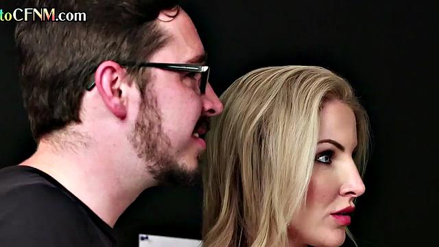 Border control sucking and jerking cock in CFNM 3some