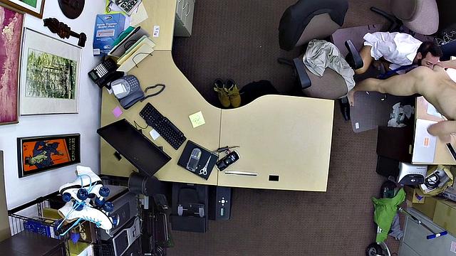 suited man fucks pawnshop owner in office till cumshot