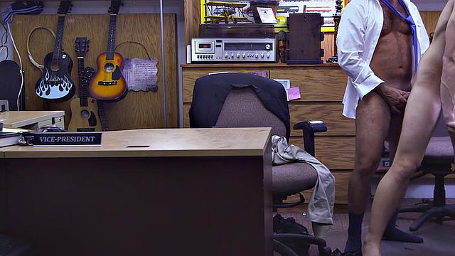 suited man fucks pawnshop owner in office till cumshot