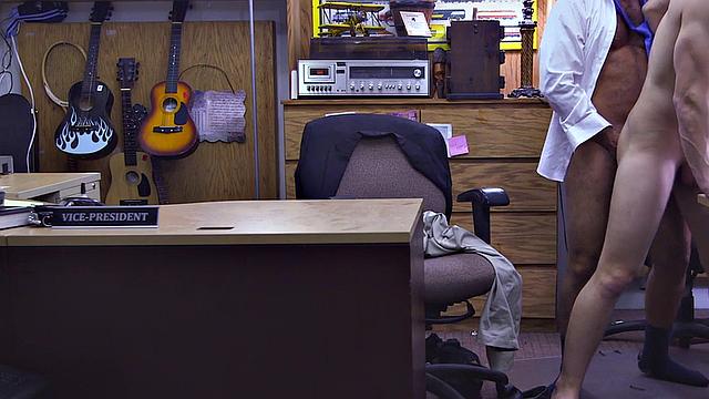 suited man fucks pawnshop owner in office till cumshot