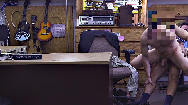 suited man fucks pawnshop owner in office till cumshot
