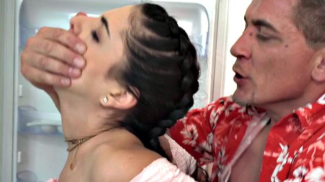 21yo petite hotel roomie gets doggystyled in the kitchen 3way