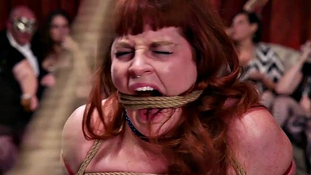 BDSM ginger bound sub fucked in interracial group