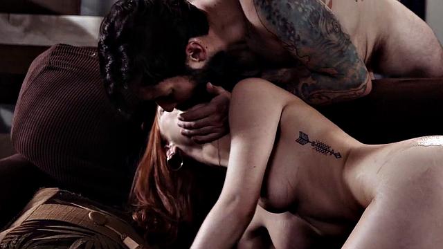 Kinky tattooed redhead mistress gives a sloppy blowjob before getting pounded from behind