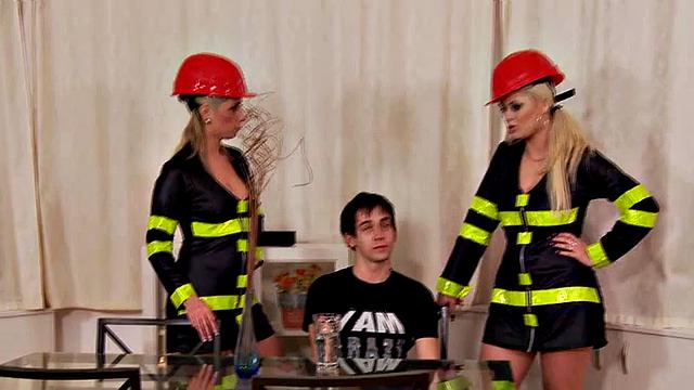 Strapon firefighter pegging lucky guy