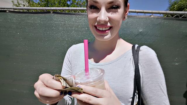 A bald babe with small tits get her smile on as she takes a deepthroat pounding in POV from behind