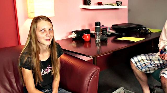 Cute newcomer nervously sucks and fucks