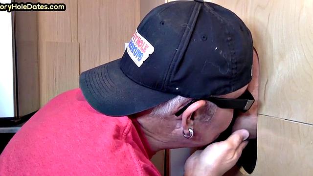 Gloryhole POV amateur blowjob where DILF sucks and eats cum