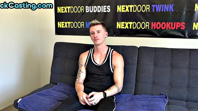 Athletic tattooed stud wanks on casting for cumshot