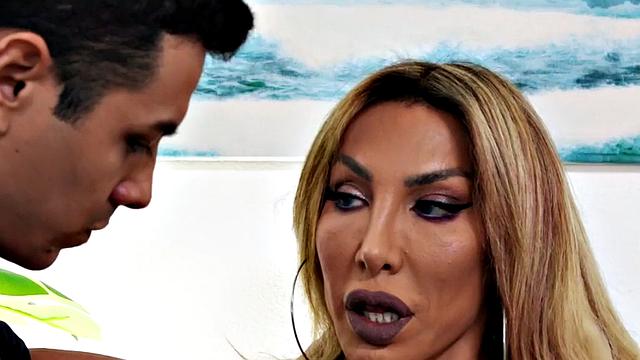 Busty ts milf jerking while riding dick then tugs out cum