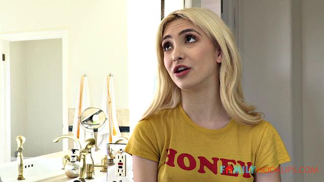 Sexy blonde teen Jane Wilde catches her stepdad jerking off