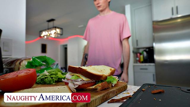 Sexy Milf Katalina Kyle gets a meat sandwich from her son's friend