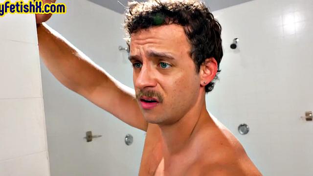 Cocksucking stud fists BF under shower