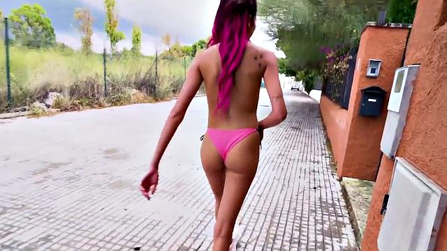 Public nympho drilled from behind by big white cock