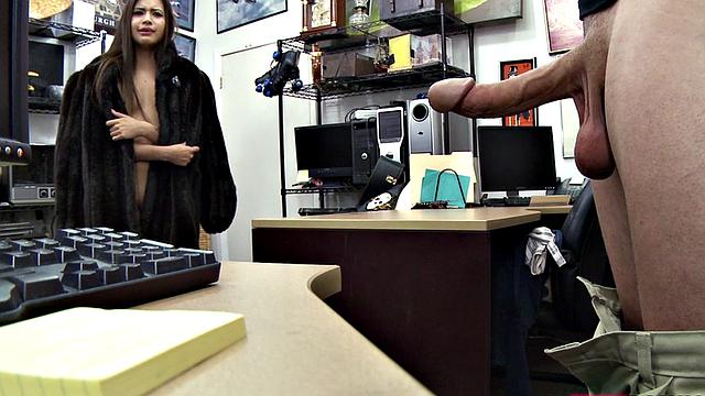 Petite brunette gives blowjob and gets fucked after