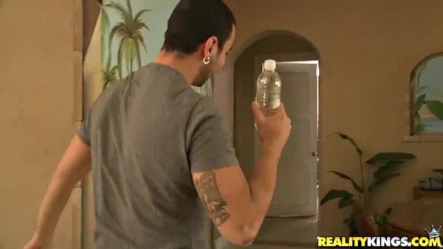 Brunette troublemaker with tattoos gets her tight pussy drilled in the gym