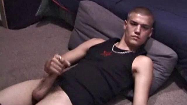 Lance is chilling while watching a porn, as he works up a boner. Some determined stroking causes a cum explosion onto Lance's shirt, which he quickly licks up.