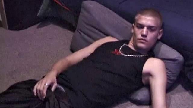 Lance is chilling while watching a porn, as he works up a boner. Some determined stroking causes a cum explosion onto Lance's shirt, which he quickly licks up.