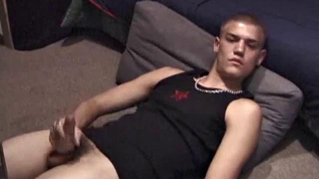 Lance is chilling while watching a porn, as he works up a boner. Some determined stroking causes a cum explosion onto Lance's shirt, which he quickly licks up.