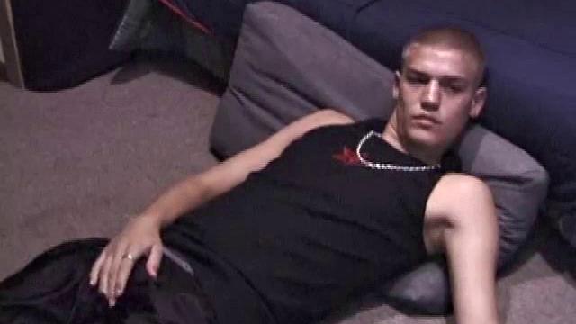 Lance is chilling while watching a porn, as he works up a boner. Some determined stroking causes a cum explosion onto Lance's shirt, which he quickly licks up.