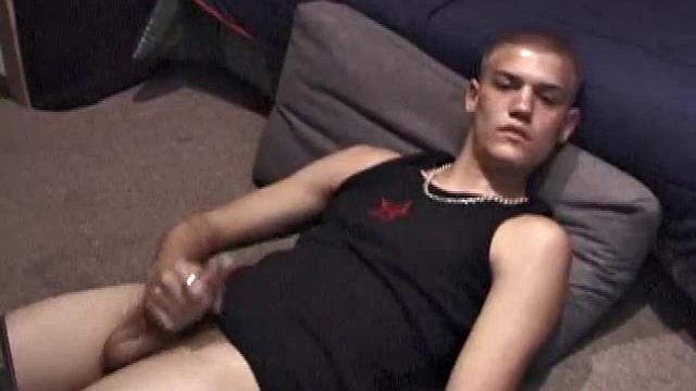 Lance is chilling while watching a porn, as he works up a boner. Some determined stroking causes a cum explosion onto Lance's shirt, which he quickly licks up.