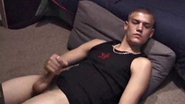 Lance is chilling while watching a porn, as he works up a boner. Some determined stroking causes a cum explosion onto Lance's shirt, which he quickly licks up.