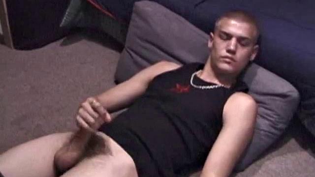 Lance is chilling while watching a porn, as he works up a boner. Some determined stroking causes a cum explosion onto Lance's shirt, which he quickly licks up.