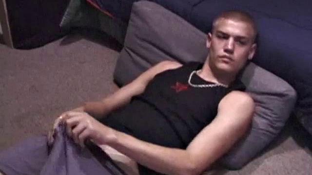 Lance is chilling while watching a porn, as he works up a boner. Some determined stroking causes a cum explosion onto Lance's shirt, which he quickly licks up.