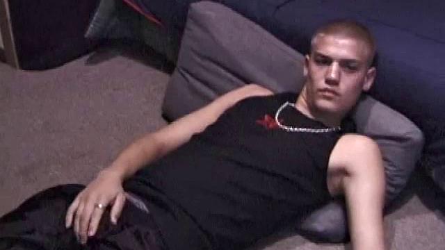 Lance is chilling while watching a porn, as he works up a boner. Some determined stroking causes a cum explosion onto Lance's shirt, which he quickly licks up.