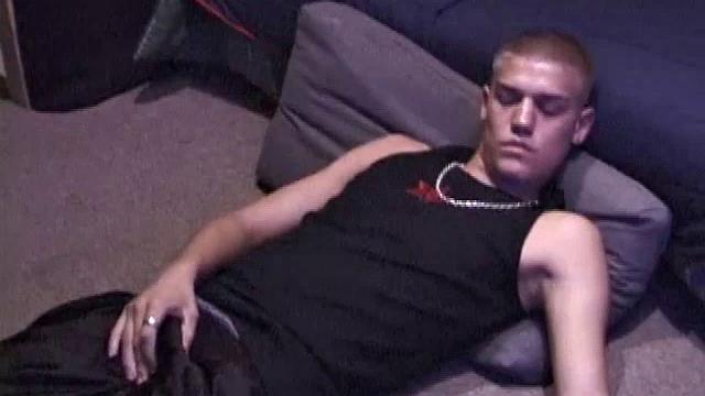 Lance is chilling while watching a porn, as he works up a boner. Some determined stroking causes a cum explosion onto Lance's shirt, which he quickly licks up.