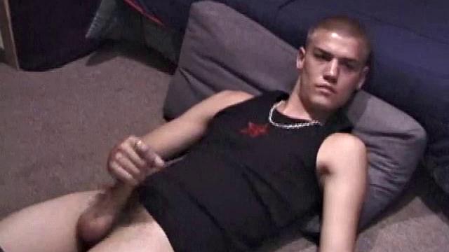 Lance is chilling while watching a porn, as he works up a boner. Some determined stroking causes a cum explosion onto Lance's shirt, which he quickly licks up.