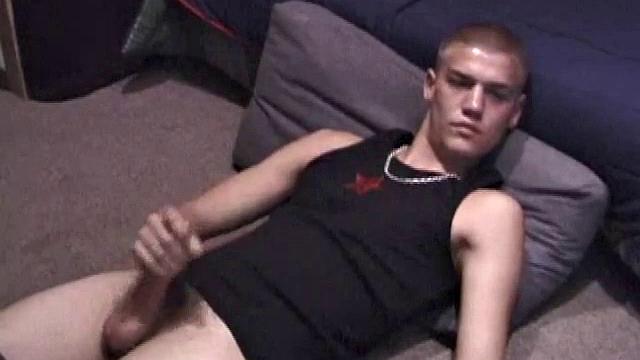 Lance is chilling while watching a porn, as he works up a boner. Some determined stroking causes a cum explosion onto Lance's shirt, which he quickly licks up.