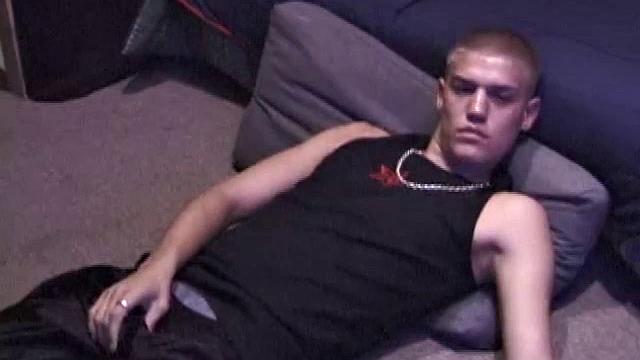 Lance is chilling while watching a porn, as he works up a boner. Some determined stroking causes a cum explosion onto Lance's shirt, which he quickly licks up.