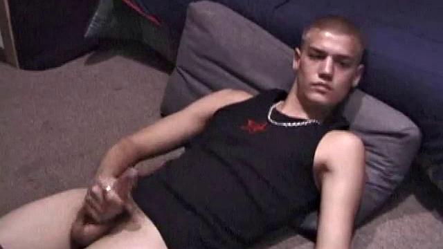 Lance is chilling while watching a porn, as he works up a boner. Some determined stroking causes a cum explosion onto Lance's shirt, which he quickly licks up.