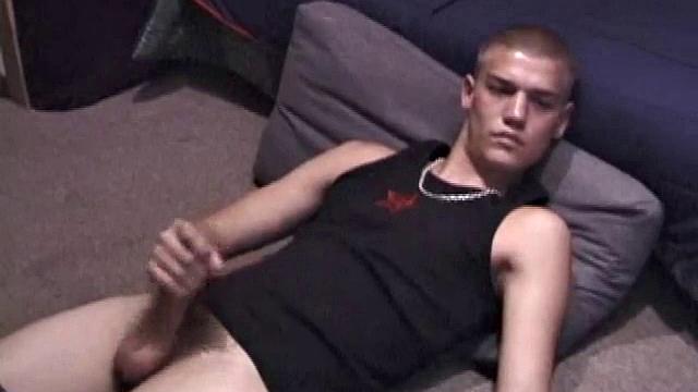 Lance is chilling while watching a porn, as he works up a boner. Some determined stroking causes a cum explosion onto Lance's shirt, which he quickly licks up.