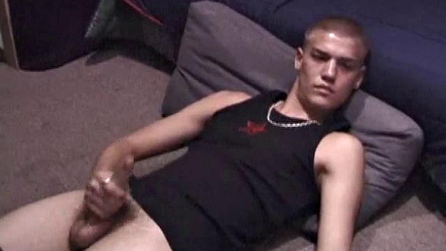 Lance is chilling while watching a porn, as he works up a boner. Some determined stroking causes a cum explosion onto Lance's shirt, which he quickly licks up.